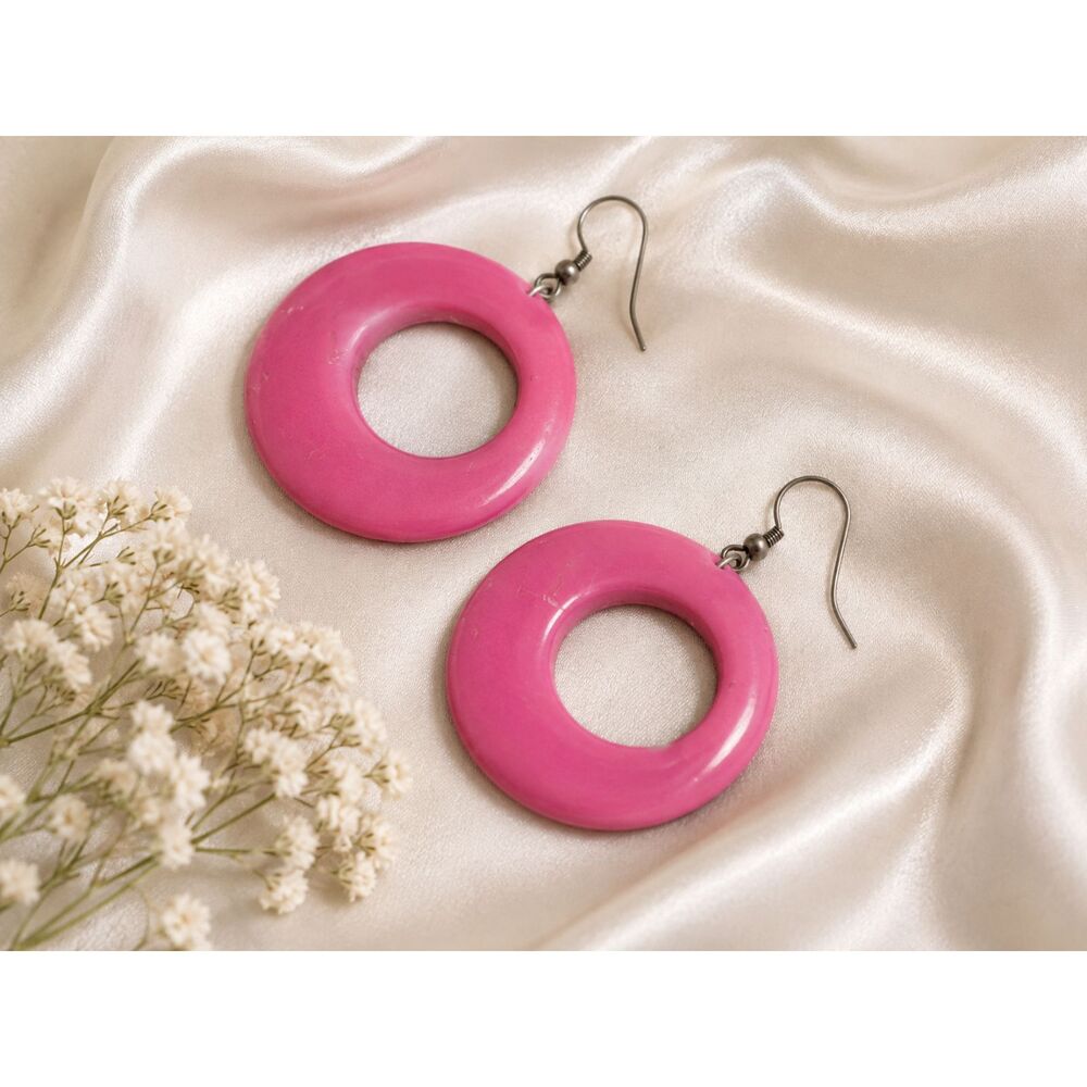 Hot Pink Open Circle Drop Dangle Earrings Vintage Geometric Resin Hoop Fair Cond